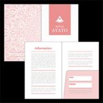 Pink patterned brochure with a logo block and open pale pink information cards laid out
